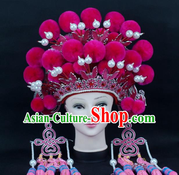 Traditional China Beijing Opera Young Lady Hair Accessories Female General Helmet, Ancient Chinese Peking Opera Swordplay Rosy Venonat Headwear