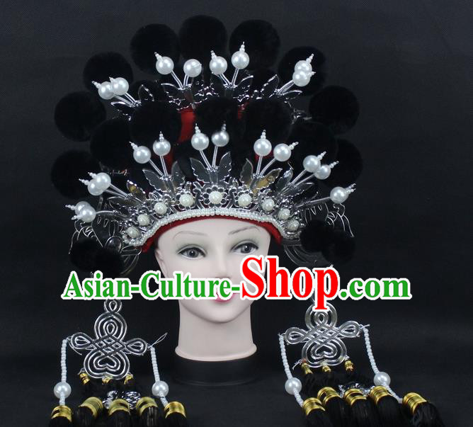 Traditional China Beijing Opera Young Lady Hair Accessories Female General Helmet, Ancient Chinese Peking Opera Swordplay Black Venonat Headwear