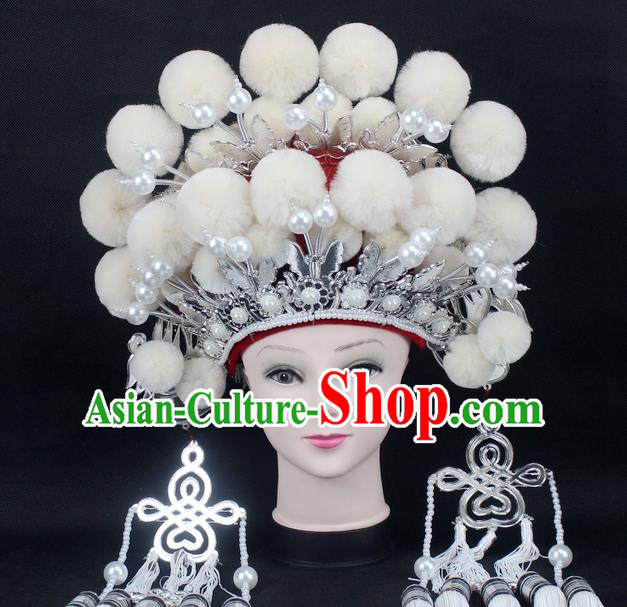 Traditional China Beijing Opera Young Lady Hair Accessories Female General Helmet, Ancient Chinese Peking Opera Swordplay White Venonat Headwear