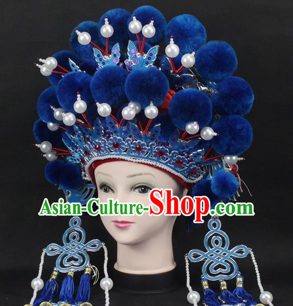 Traditional China Beijing Opera Young Lady Hair Accessories Female General Helmet, Ancient Chinese Peking Opera Swordplay Blue Venonat Headwear