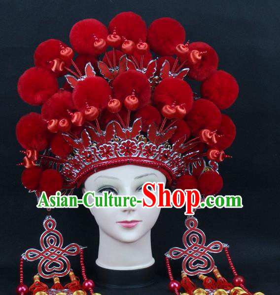 Traditional China Beijing Opera Young Lady Hair Accessories Female General Helmet, Ancient Chinese Peking Opera Swordplay Red Venonat Headwear