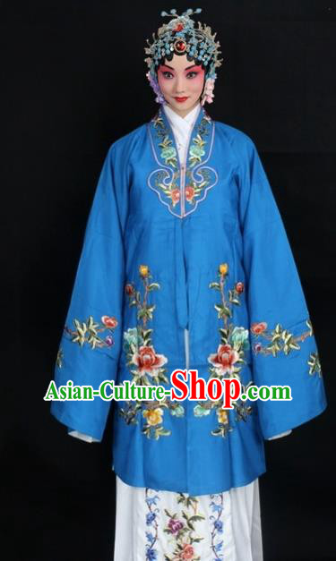 Traditional China Beijing Opera Young Lady Hua Tan Costume Deep Blue Embroidered Cape, Ancient Chinese Peking Opera Female Diva Embroidery Peony Dress Clothing