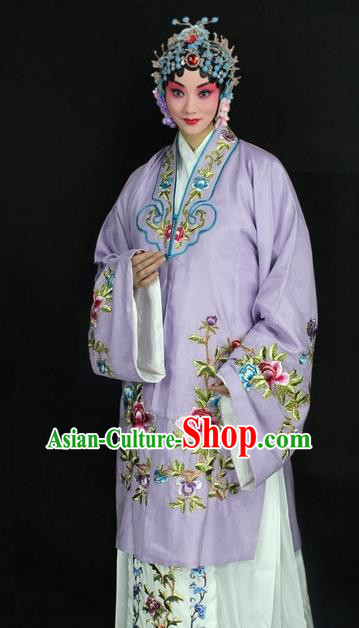 Traditional China Beijing Opera Young Lady Hua Tan Costume Lilac Embroidered Cape, Ancient Chinese Peking Opera Female Diva Embroidery Peony Dress Clothing