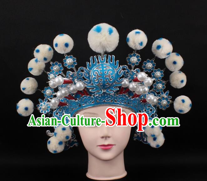 Traditional China Beijing Opera Hair Accessories White Venonat General Hat, Ancient Chinese Peking Opera Takefu Helmet Headwear