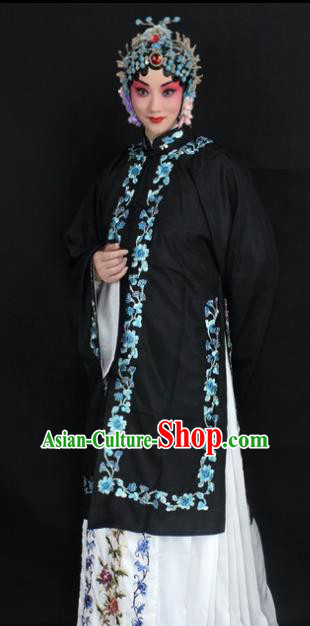 Traditional China Beijing Opera Young Lady Hua Tan Costume Female Black Embroidered Cape, Ancient Chinese Peking Opera Diva Embroidery Dress Clothing