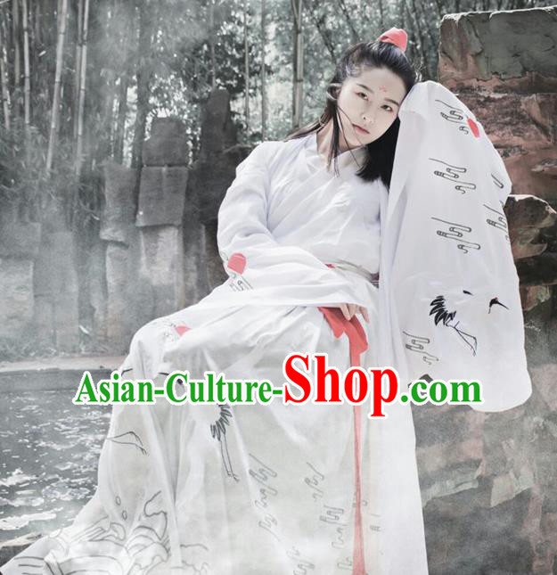 Traditional Chinese Jin Dynasty Young Lady Embroidery Cranes Costume, Elegant Hanfu Clothing Chinese Ancient Princess Dress Clothing for Women