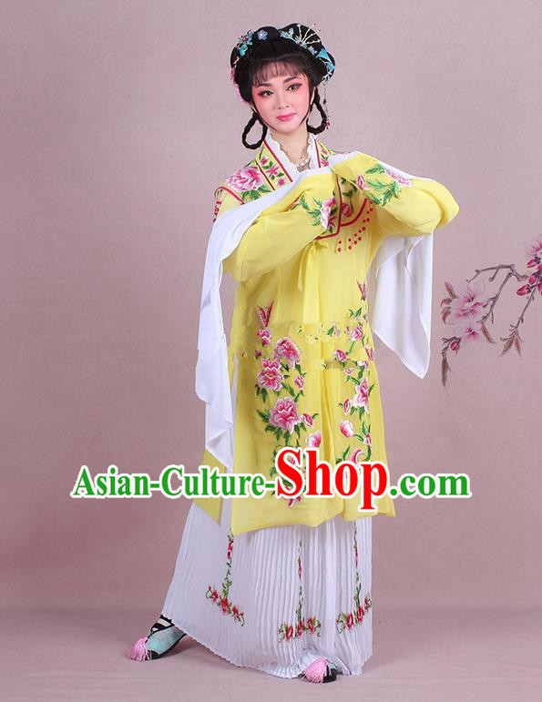 Traditional China Beijing Opera Young Lady Hua Tan Costume Embroidered Yellow Shawl, Ancient Chinese Peking Opera Diva Embroidery Dress Clothing