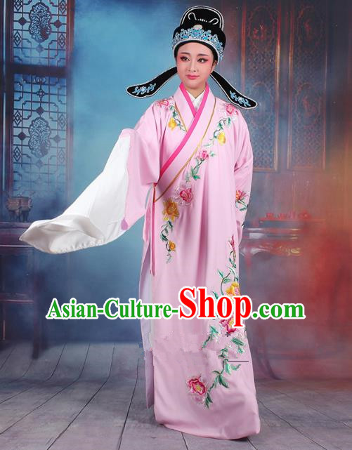 Traditional China Beijing Opera Niche Costume Gifted Scholar Pink Embroidered Robe and Hat, Ancient Chinese Peking Opera Young Men Embroidery Peony Clothing
