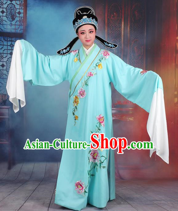 Traditional China Beijing Opera Niche Costume Gifted Scholar Blue Embroidered Robe and Hat, Ancient Chinese Peking Opera Young Men Embroidery Peony Clothing