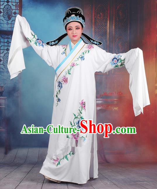 Traditional China Beijing Opera Niche Costume Gifted Scholar White Embroidered Robe and Hat, Ancient Chinese Peking Opera Young Men Embroidery Peony Clothing