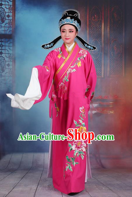 Traditional China Beijing Opera Niche Costume Gifted Scholar Rosy Embroidered Robe and Hat, Ancient Chinese Peking Opera Young Men Embroidery Peony Clothing