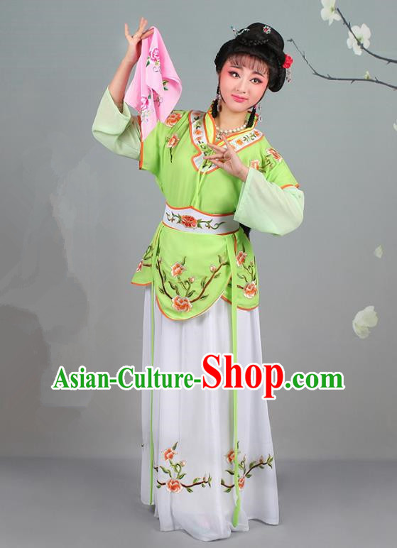 Traditional China Beijing Opera Young Lady Costume Servant Girl Embroidered Green Dress, Ancient Chinese Peking Opera Diva Jordan-Sitting Embroidery Clothing