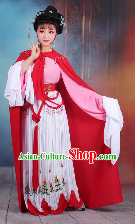 Traditional China Beijing Opera Young Lady Hua Tan Costume Romance of the Western Chamber Embroidered Dress and Red Cloak, Ancient Chinese Peking Opera Diva Embroidery Clothing