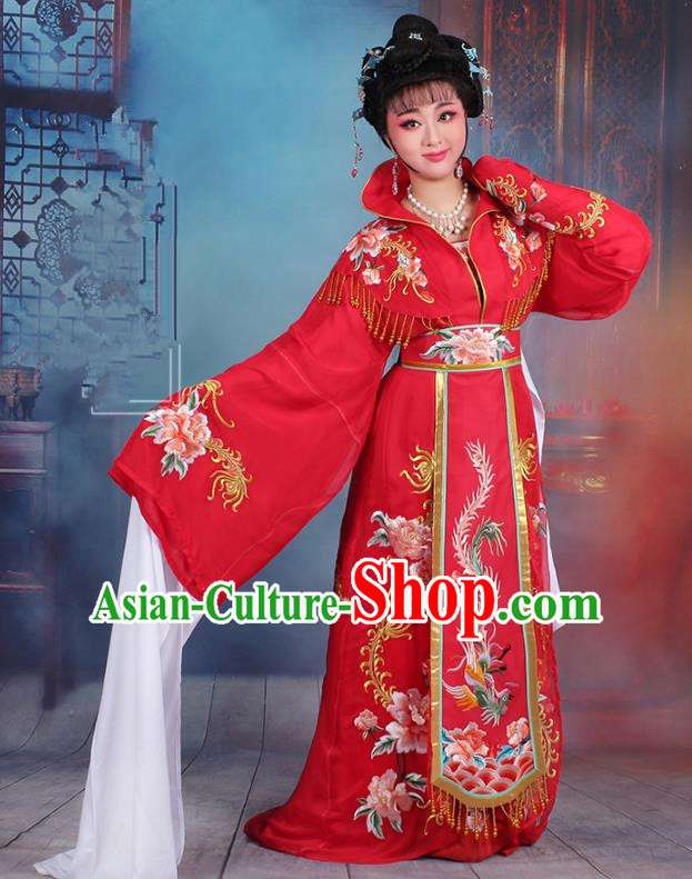 Traditional China Beijing Opera Palace Lady Hua Tan Costume Red Embroidered Dress, Ancient Chinese Peking Opera Diva Senior Concubine Embroidery Peony Clothing