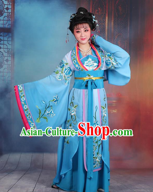 Traditional China Beijing Opera Palace Lady Hua Tan Costume Blue Embroidered Dress, Ancient Chinese Peking Opera Diva Princess Embroidery Clothing