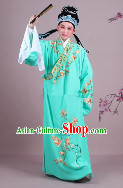 Traditional China Beijing Opera Niche Costume Gifted Scholar Green Embroidered Robe and Hat, Ancient Chinese Peking Opera Young Men Embroidery Mangnolia Clothing