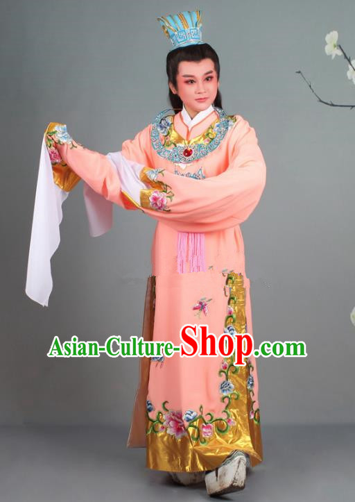 Traditional China Beijing Opera Niche Costume Gifted Scholar Jia Baoyu Pink Embroidered Robe and Hat, Ancient Chinese Peking Opera Young Men Embroidery Peony Clothing