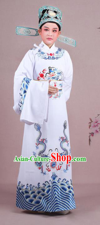Traditional China Beijing Opera Niche Costume Lang Scholar White Embroidered Robe and Hat, Ancient Chinese Peking Opera Magistrate Embroidery Dragons Gwanbok Clothing