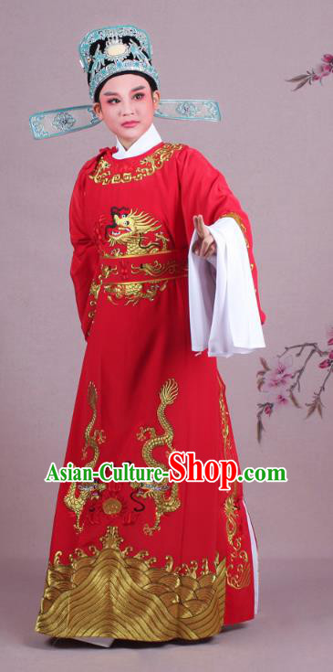Traditional China Beijing Opera Niche Costume Lang Scholar Red Embroidered Robe and Hat, Ancient Chinese Peking Opera Emperor Son-in-law Embroidery Gwanbok Clothing