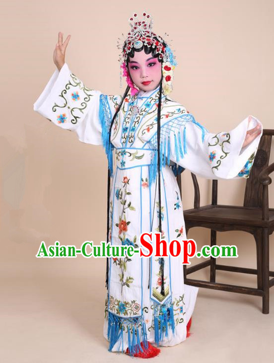 Traditional China Beijing Opera Costume White Embroidered Dress and Headwear, Ancient Chinese Peking Opera Diva Hua Tan Embroidery Clothing for Kids