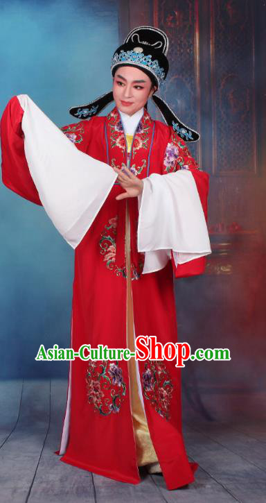 Top Grade Professional Beijing Opera Niche Costume Scholar Red Embroidered Robe and Headwear, Traditional Ancient Chinese Peking Opera Embroidery Young Men Clothing