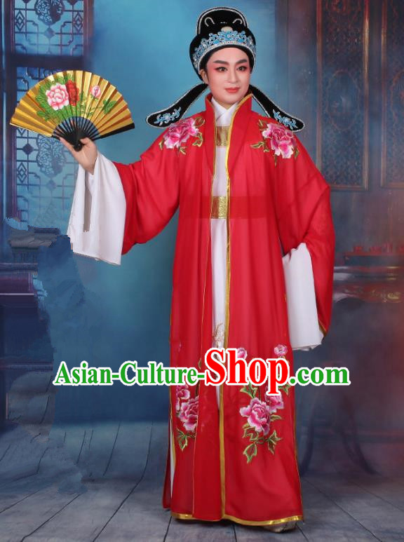 Top Grade Professional Beijing Opera Niche Costume Scholar Red Embroidered Cape, Traditional Ancient Chinese Peking Opera Embroidery Young Men Clothing