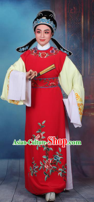 Top Grade Professional Beijing Opera Niche Costume Scholar Red Embroidered Waistcoat, Traditional Ancient Chinese Peking Opera Embroidery Young Men Clothing