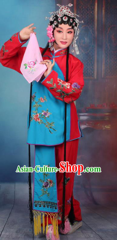 Top Grade Professional Beijing Opera Young Lady Costume Servant Girl Red Embroidered Clothing, Traditional Ancient Chinese Peking Opera Maidservants Embroidery Clothing