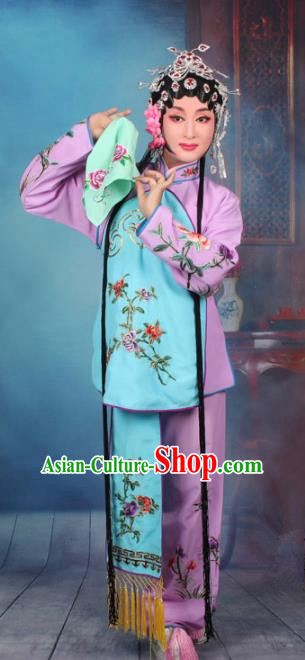 Top Grade Professional Beijing Opera Young Lady Costume Servant Girl Purple Embroidered Clothing, Traditional Ancient Chinese Peking Opera Maidservants Embroidery Clothing