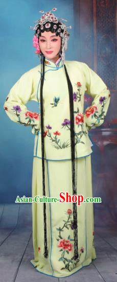 Top Grade Professional Beijing Opera Young Lady Costume Servant Girl Yellow Embroidered Dress, Traditional Ancient Chinese Peking Opera Maidservants Embroidery Peony Clothing