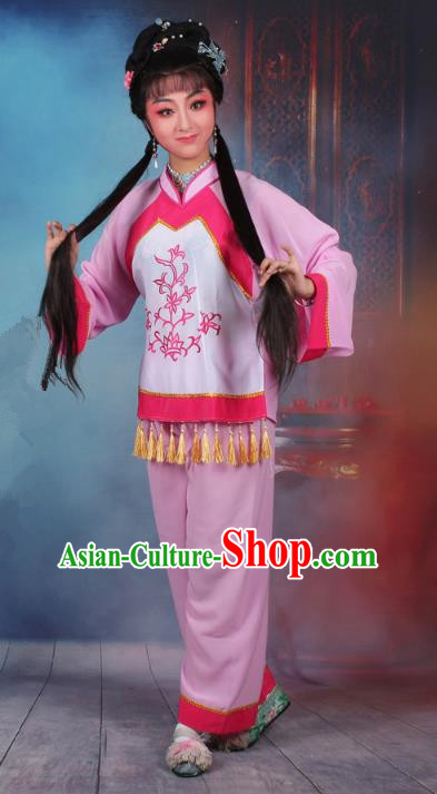 Top Grade Professional Beijing Opera Young Lady Costume Fisher Maiden Pink Embroidered Clothing, Traditional Ancient Chinese Peking Opera Maidservants Embroidery Clothing