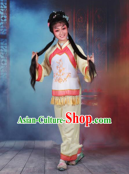 Top Grade Professional Beijing Opera Young Lady Costume Fisher Maiden Yellow Embroidered Clothing, Traditional Ancient Chinese Peking Opera Maidservants Embroidery Clothing