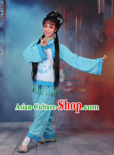 Top Grade Professional Beijing Opera Young Lady Costume Fisher Maiden Blue Embroidered Clothing, Traditional Ancient Chinese Peking Opera Maidservants Embroidery Clothing