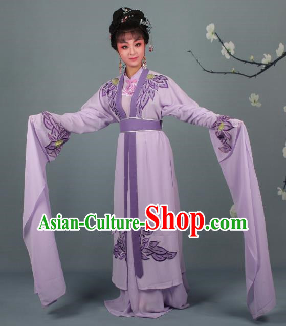 Top Grade Professional Beijing Opera Palace Lady Costume Hua Tan Purple Water Sleeve Embroidered Clothing, Traditional Ancient Chinese Peking Opera Diva Embroidery Lotus Clothing