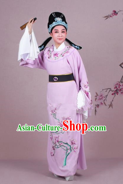 Traditional China Beijing Opera Niche Costume Pink Embroidered Robe and Headwear, Ancient Chinese Peking Opera Embroidery Mangnolia Lang Scholar Clothing