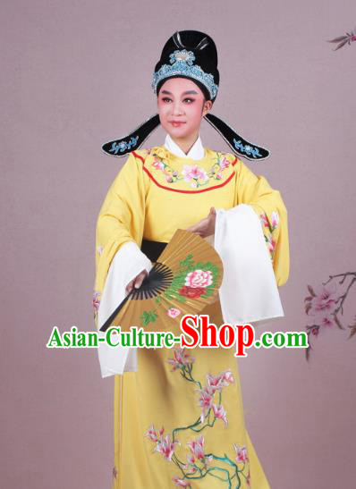 Traditional China Beijing Opera Niche Costume Yellow Embroidered Robe and Headwear, Ancient Chinese Peking Opera Embroidery Mangnolia Lang Scholar Clothing