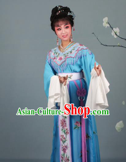 Top Grade Professional Beijing Opera Palace Lady Costume Hua Tan Blue Embroidered Dress, Traditional Ancient Chinese Peking Opera Diva Embroidery Peony Clothing