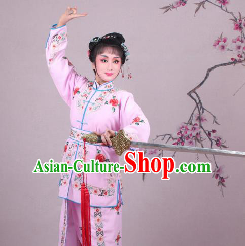 Traditional China Beijing Opera Swordplay Costume Embroidered Pink Clothing, Ancient Chinese Peking Opera Blues Female General Embroidery Dress Clothing
