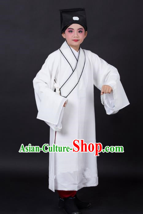 Traditional China Beijing Opera Niche Costume Scholar White Robe and Headwear, Ancient Chinese Peking Opera Young Men Clothing for Kids