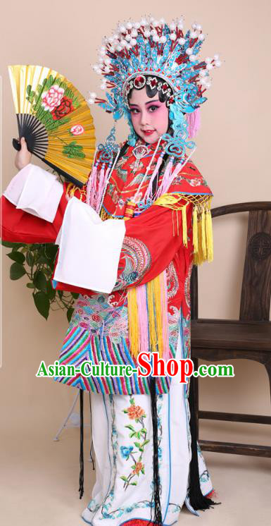 Traditional China Beijing Opera Palace Lady Costume Senior Concubine Red Embroidered Robe Dress, Ancient Chinese Peking Opera Diva Hua Tan Embroidery Clothing for Kids