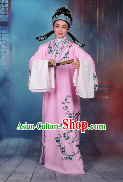 Top Grade Professional Beijing Opera Niche Costume Gifted Scholar Pink Embroidered Robe, Traditional Ancient Chinese Peking Opera Embroidery Wintersweet Clothing