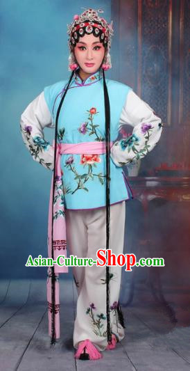 Top Grade Professional Beijing Opera Young Lady Costume Mui Tsai Light Blue Embroidered Vest Clothing, Traditional Ancient Chinese Peking Opera Maidservants Embroidery Clothing