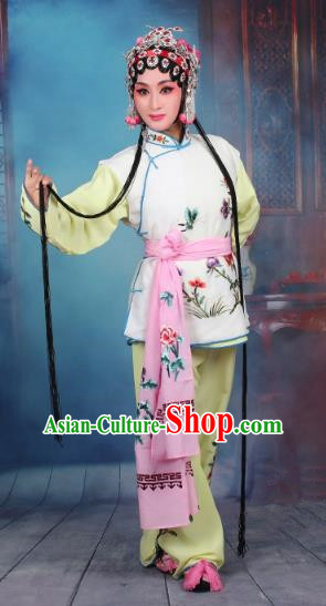 Top Grade Professional Beijing Opera Young Lady Costume Mui Tsai White Embroidered Vest Clothing, Traditional Ancient Chinese Peking Opera Maidservants Embroidery Clothing