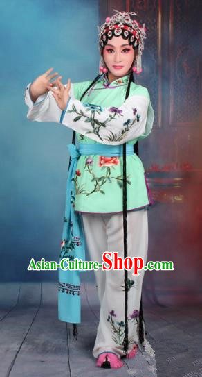 Top Grade Professional Beijing Opera Young Lady Costume Mui Tsai Green Embroidered Vest Clothing, Traditional Ancient Chinese Peking Opera Maidservants Embroidery Clothing