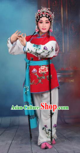 Top Grade Professional Beijing Opera Young Lady Costume Mui Tsai Red Embroidered Vest Clothing, Traditional Ancient Chinese Peking Opera Maidservants Embroidery Clothing