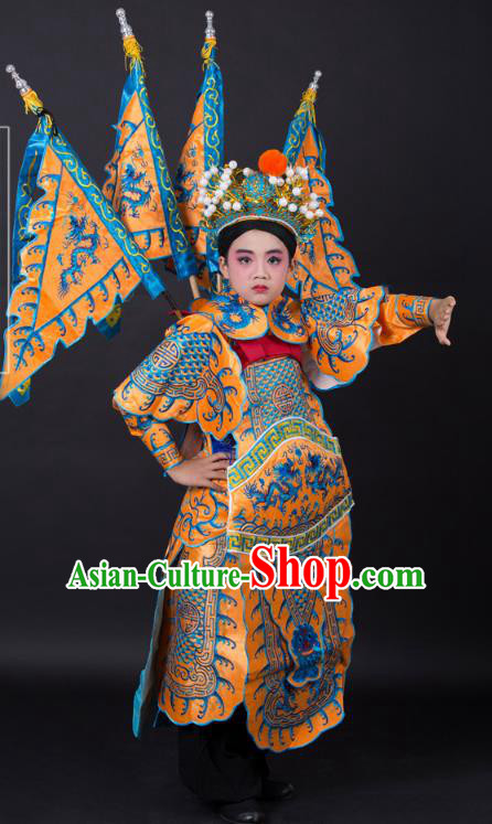 Traditional China Beijing Opera Takefu General Costume and Headwear Complete Set, Ancient Chinese Peking Opera Wu-Sheng Military Officer Embroidery Yellow Clothing for Kids