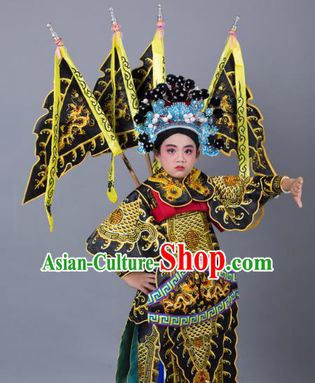 Traditional China Beijing Opera Takefu General Costume and Headwear Complete Set, Ancient Chinese Peking Opera Wu-Sheng Military Officer Embroidery Black Clothing for Kids