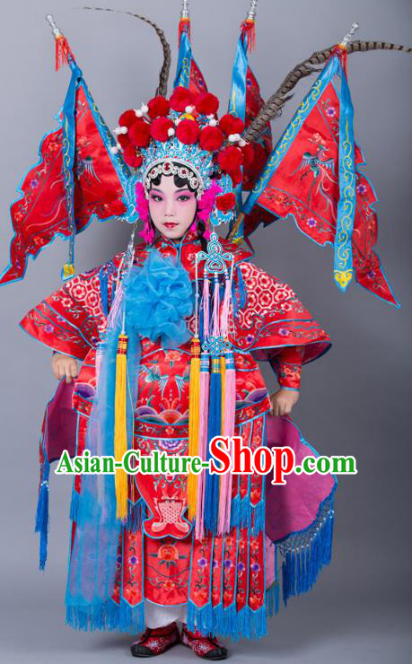 Traditional China Beijing Opera Female General Costume and Headwear Complete Set, Ancient Chinese Peking Opera Swordplay Military Officer Embroidery Red Clothing for Kids