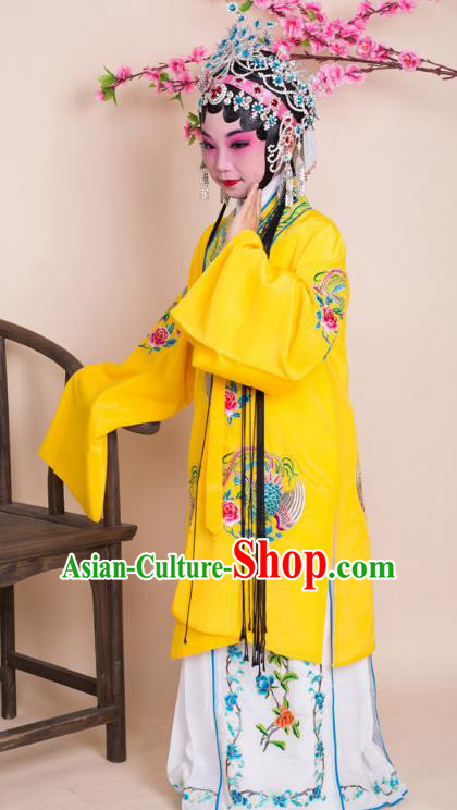 Top Grade Professional China Beijing Opera Costume Yellow Embroidered Dress and Headwear, Ancient Chinese Peking Opera Diva Hua Tan Embroidery Phoenix Clothing for Kids
