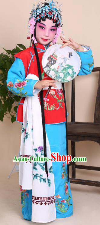 Top Grade Professional China Beijing Opera Costume Maidservants Embroidered Dress, Ancient Chinese Peking Opera Diva Hua Tan Embroidery Clothing for Kids
